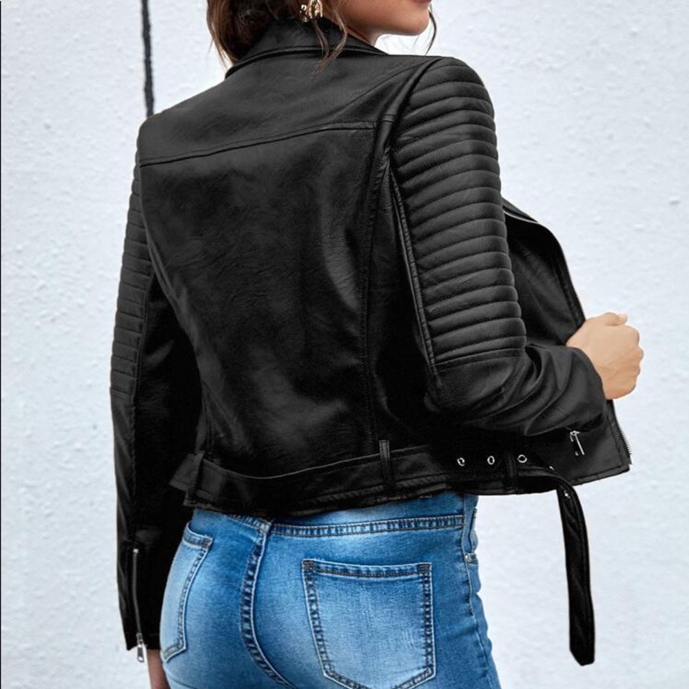 🖤 MOTO BLACK FAUX LEATHER BELTED BIKER JACKET! - Picture 2 of 6